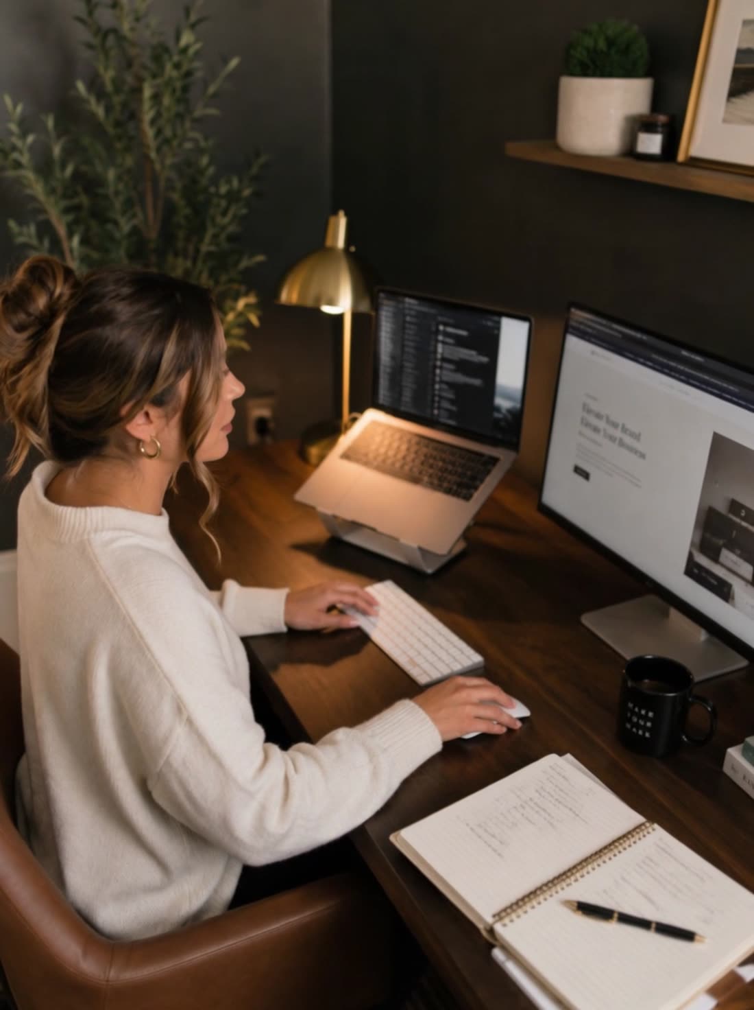 A woman working at a walnut desk with a laptop, monitor and notebook in warm lamplight