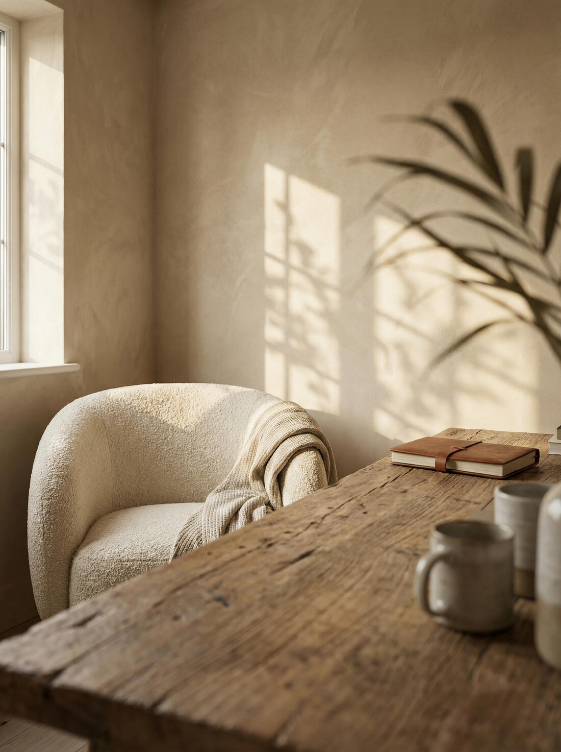 A cream boucle armchair with a knit throw beside a plaster wall in soft afternoon light